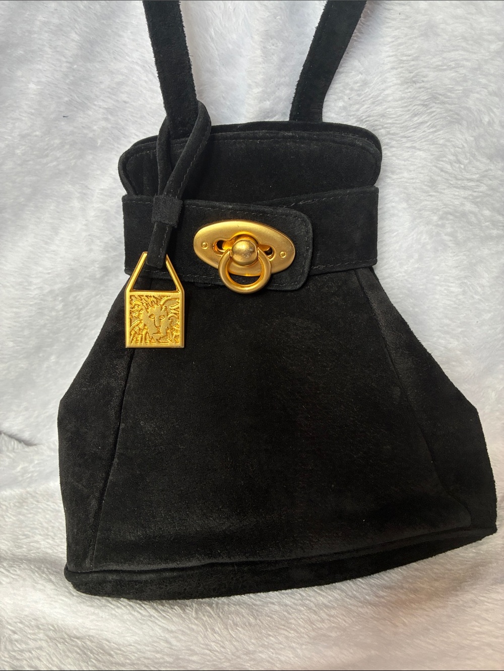 Anne Klein Black Suede Shoulder Bag with Gold Hardware